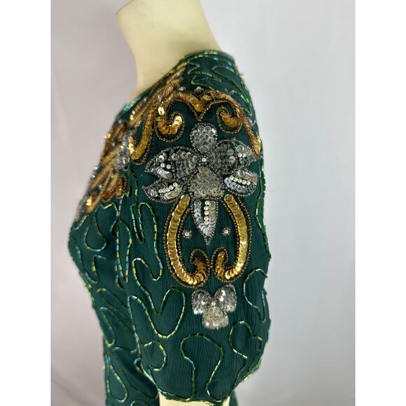 Vintage 90s Silk Cocktail Dress Fully Beaded Sequins Green size small petite - Picture 8 of 12